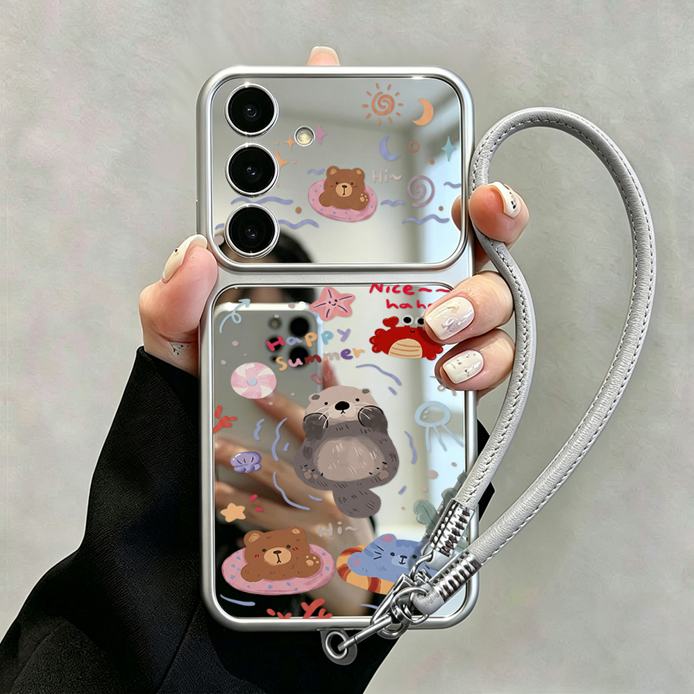 Computer Case - เคสกระจกพร้อมสายคล้องลายหมีการ์ตูน สำหรับ Samsung A16 A17 A55
