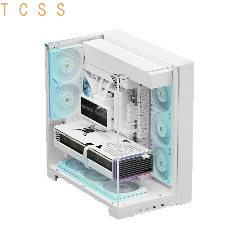 Pc Chassis - เคสคอมพิวเตอร์แบบตั้งโต๊ะทรงตู้ปลา กระจกนิรภัยสามชั้นสีขาว รองรับ ATX และระบบระบายความร้อนด้วยน้ำขนาด 360