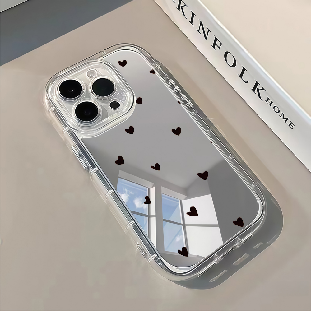 Computer Case - เคสโทรศัพท์ลายกระจกหัวใจสีดำหวานสดใสสำหรับ iPhone 16 15 Pro Max